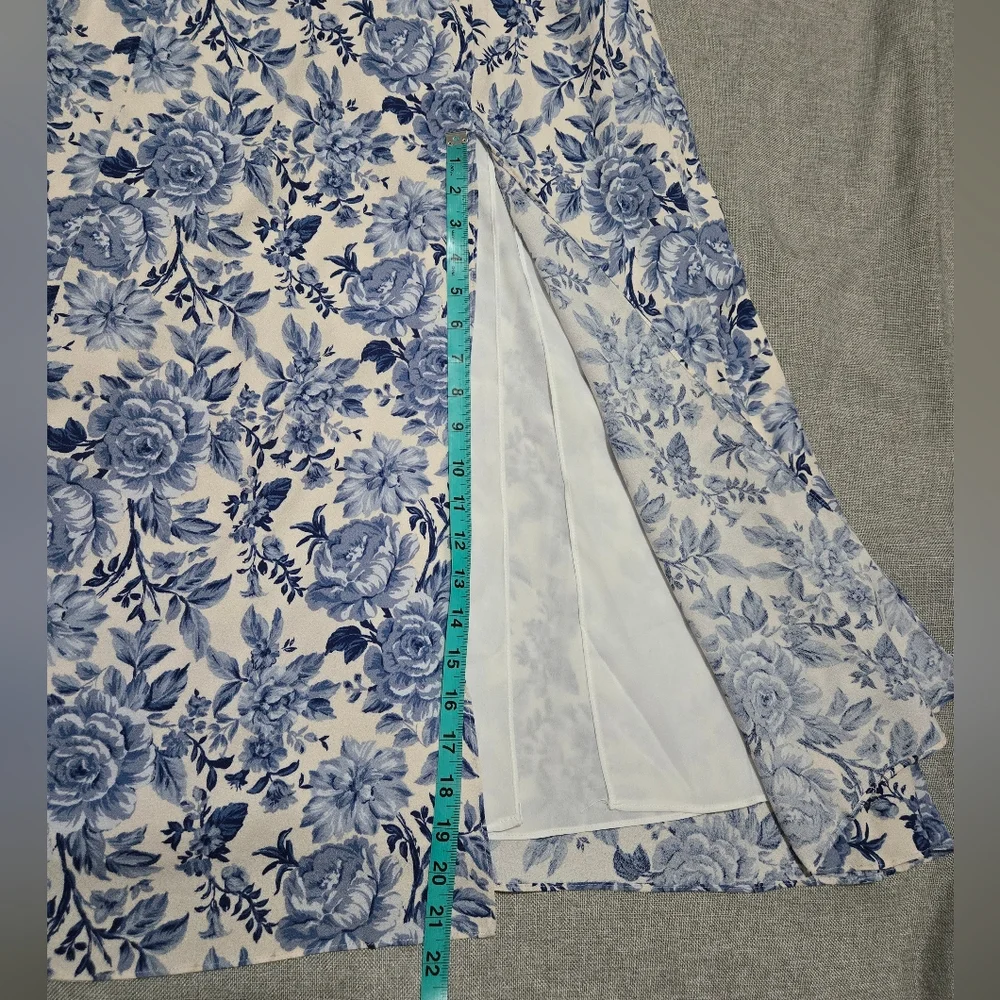 ​Petal & Pup Blue Floral Tie Strap Midi Dress Smocked Back Front Side Slit - Picture 13 of 16